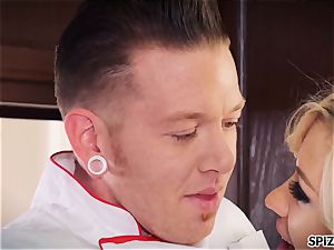 Jessica gets a nice shag by her Chef in the kitchen